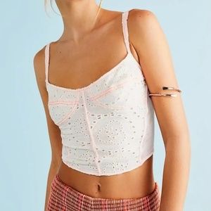 Free People Eyelet Corset Cami White Top Peach Topstitching Accent Size XS and S